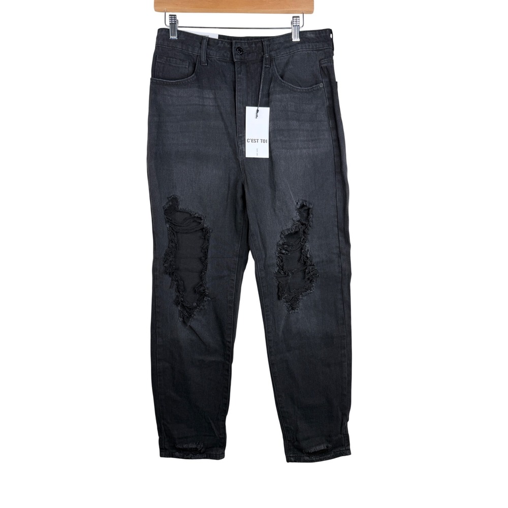NWT C'est Toi High Rise Cropped Boyfriend Distressed Jeans size 29 Black Denim